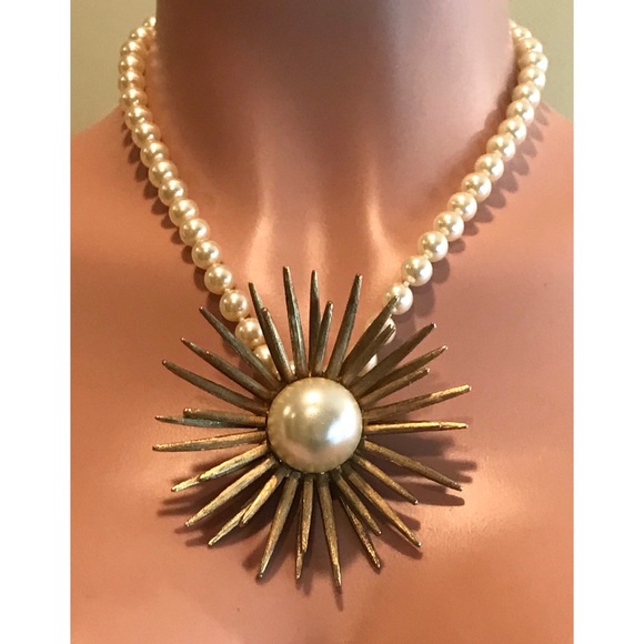 Vintage Jewelry - VTG Huge Gold Flower Faux Pearl Statement Necklace